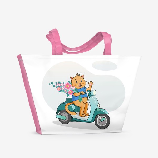 Пляжная сумка «Кот с цветами на мопеде»