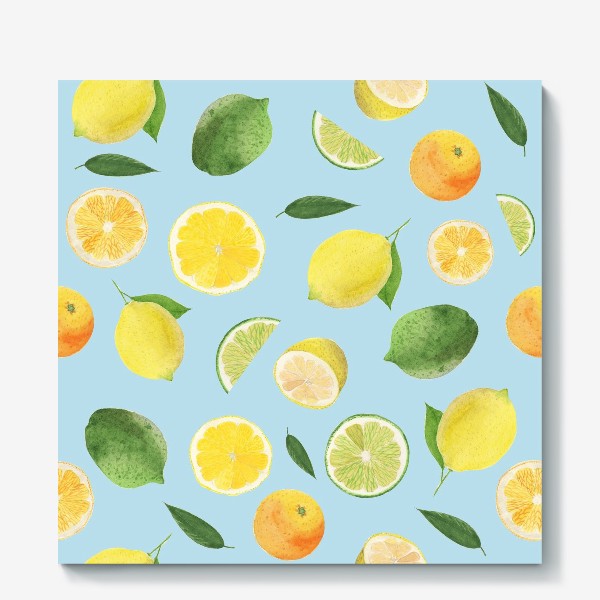 Холст «лимон + лайм + апельсин на голубом фоне»