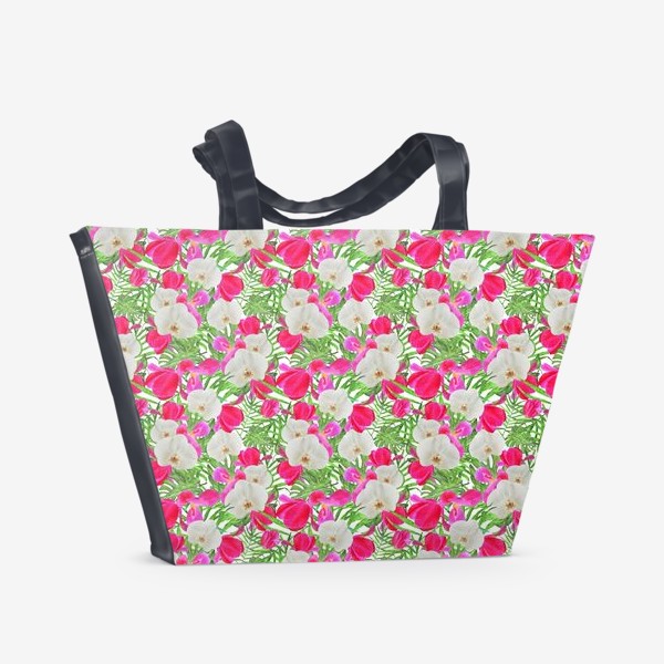 Пляжная сумка «тропический узор орхидея, тюльпан, листья пальмы и монстера»