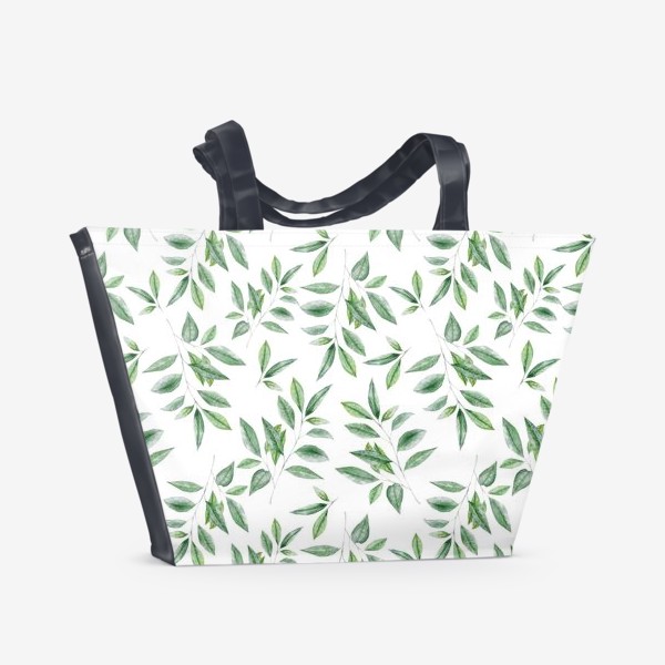 Пляжная сумка «Орнамент с зелеными веточками на белом»