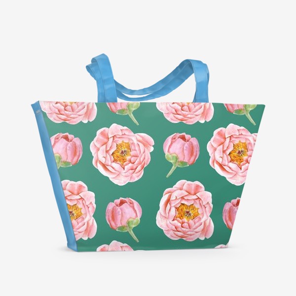 Пляжная сумка «Узор с розовыми пионами на изумрудном»