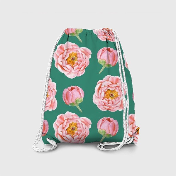 Рюкзак «Узор с розовыми пионами на изумрудном»