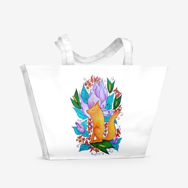 Пляжная сумка &laquo;Мечтательная огненная лиса на фоне ярких фантастических цветов&raquo;