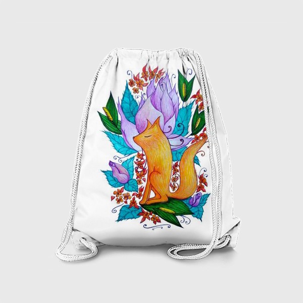 Рюкзак «Мечтательная огненная лиса на фоне ярких фантастических цветов»