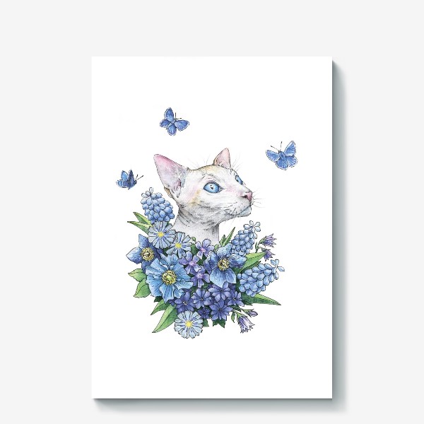 Холст «Кот Сфинкс в цветах с бабочками (кот, кошка, сфинкс, цветы, бабочки)»