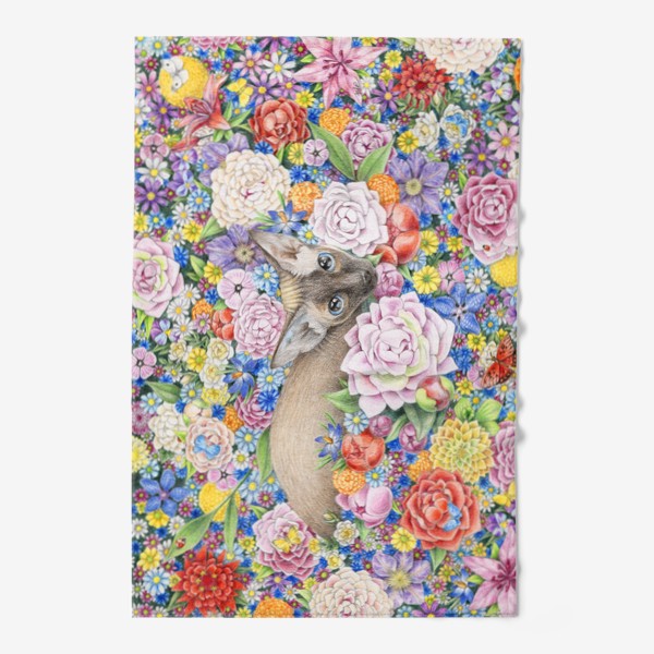 Полотенце «Кошка в цветах, сфинкс (кот, сфинкс, цветы, бабочки)»