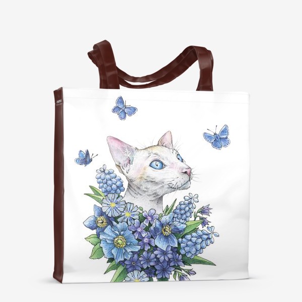 Сумка-шоппер «Кот Сфинкс в цветах с бабочками (кот, кошка, сфинкс, цветы, бабочки)»