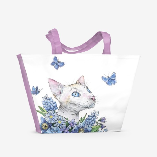 Пляжная сумка «Кот Сфинкс в цветах с бабочками (кот, кошка, сфинкс, цветы, бабочки)»