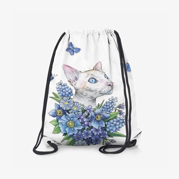 Рюкзак «Кот Сфинкс в цветах с бабочками (кот, кошка, сфинкс, цветы, бабочки)»
