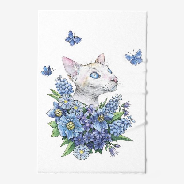 Полотенце «Кот Сфинкс в цветах с бабочками (кот, кошка, сфинкс, цветы, бабочки)»