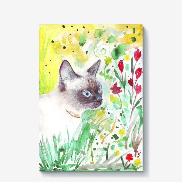Холст «Сиамский кот в цветах»