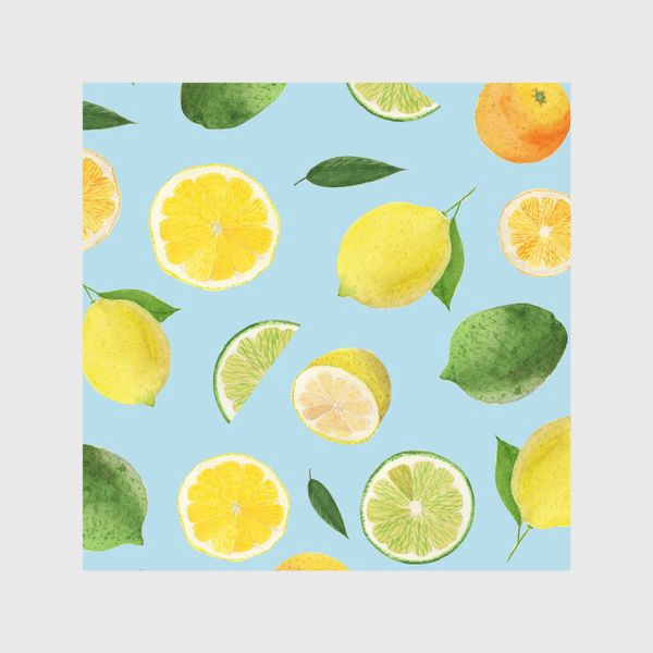 Шторы «лимон + лайм + апельсин на голубом фоне»