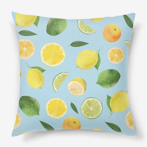 Подушка «лимон + лайм + апельсин на голубом фоне»