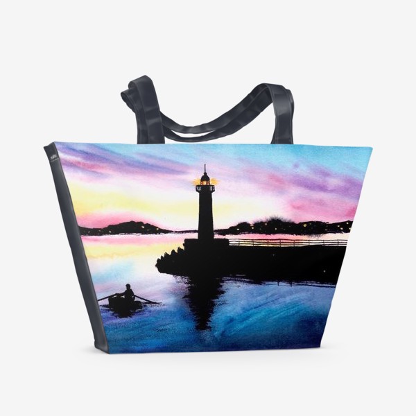 Пляжная сумка &laquo;Акварельный пейзаж с маяком.&raquo;