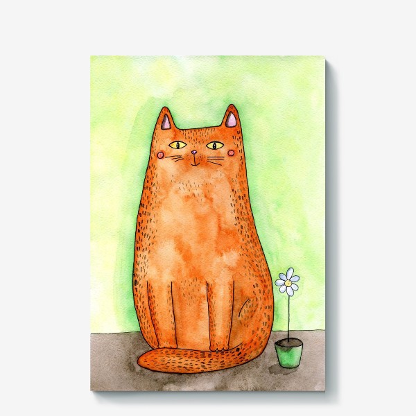 Холст «Символ 2023 - кот. Подарок на Новый год. Рыжий кот с цветком, подарок для любителей котов»