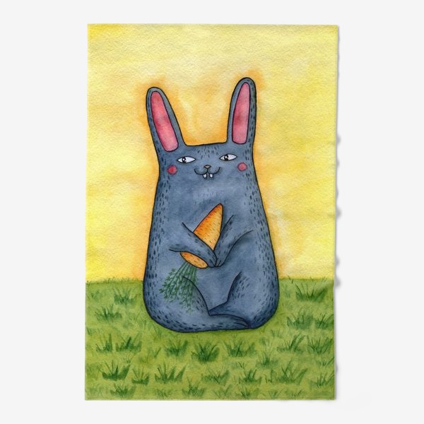 Полотенце «Символ 2023 - кролик. Подарок на Новый год. Заяц с морковкой на поляне»