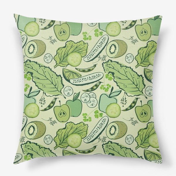 Подушка «Огурцы, горошек, киви, яблоки, лаймы и зелень на салатовом фоне.»