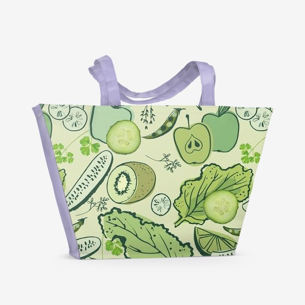 Пляжная сумка «Огурцы, горошек, киви, яблоки, лаймы и зелень на салатовом фоне.»