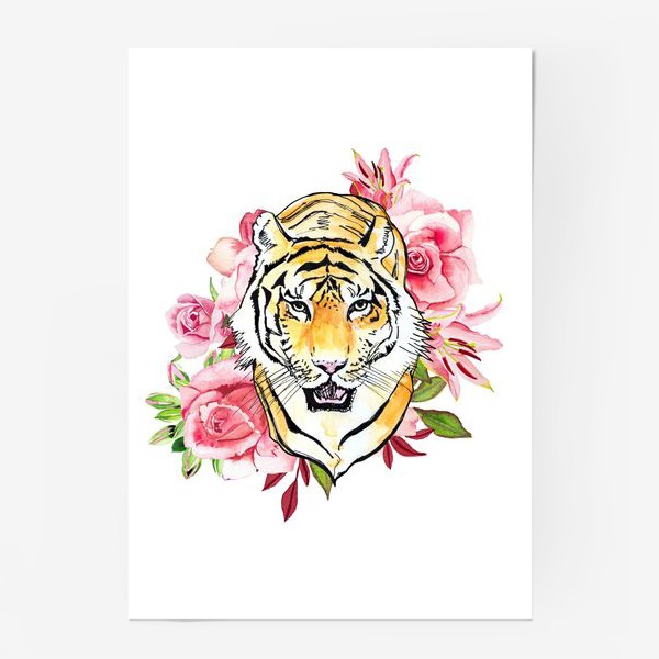 Постер «Тигр и розовые розы акварель»