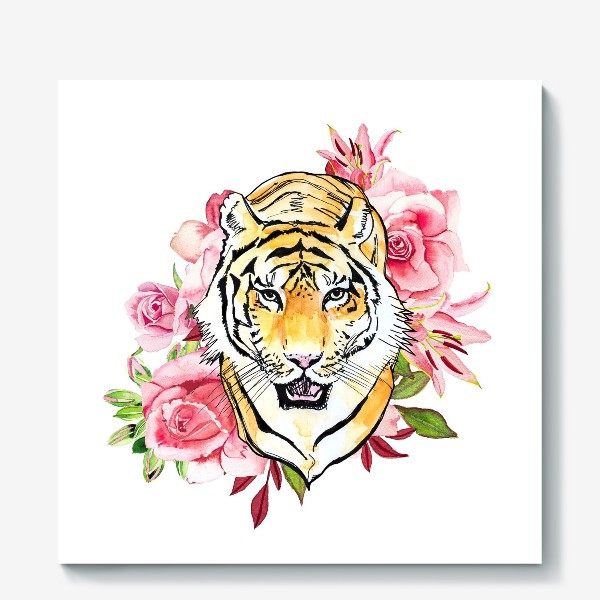 Холст «Тигр и розовые розы акварель»