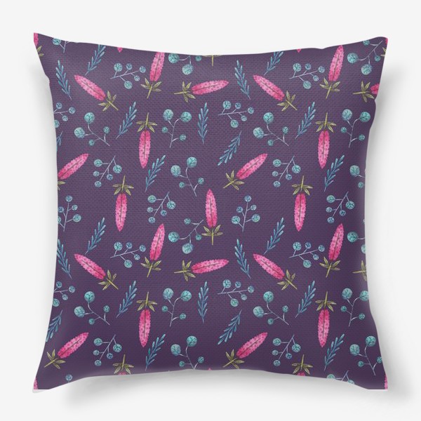 Подушка «Розовые полевые цветы и растения на фиолетовом»