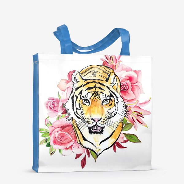 Сумка-шоппер «Тигр и розовые розы акварель»