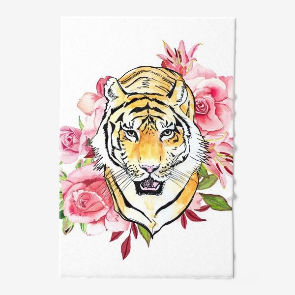 Полотенце «Тигр и розовые розы акварель»