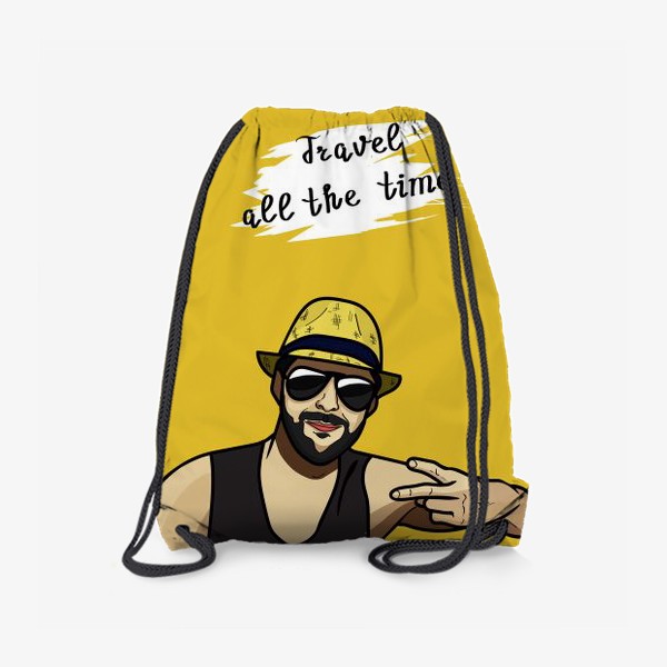 Рюкзак «Путешественник на жёлтом фоне, турист в солнечных очках, надпись - всегда путешествуй! Ver. 2»