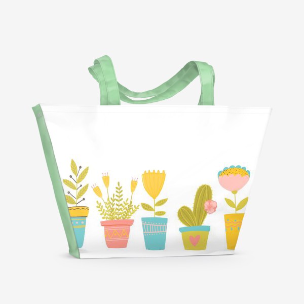 Пляжная сумка &laquo;яркие веселые цветы в расписных горшочках&raquo;