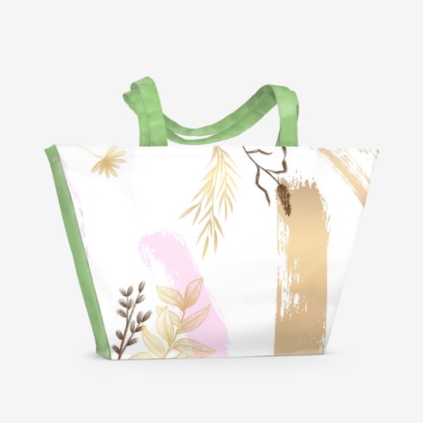 Пляжная сумка «розовый и золотой фон мазками кистью и растительные элементы»