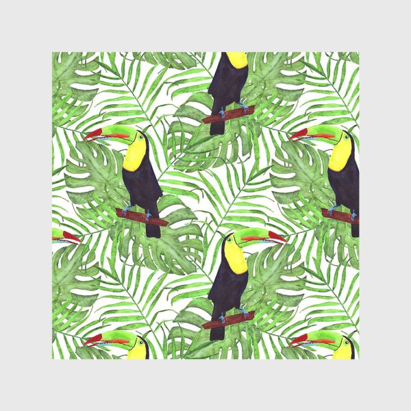Скатерть «акварельный тропический паттерн с туканом и листьми пальмы и монстеры»