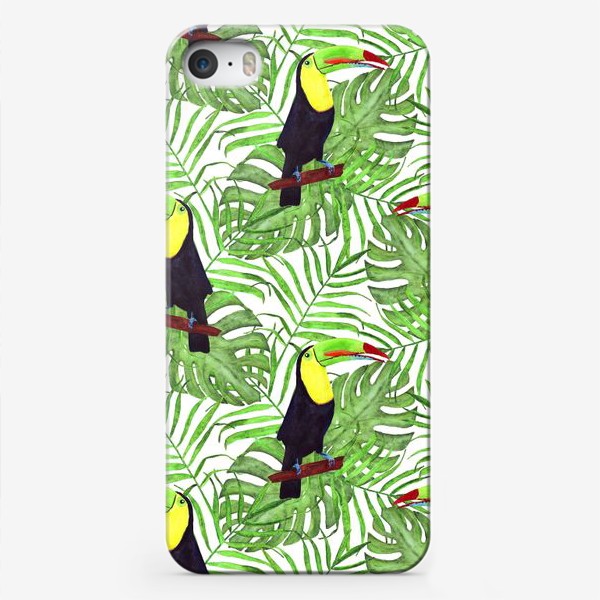 Чехол iPhone «акварельный тропический паттерн с туканом и листьми пальмы и монстеры»