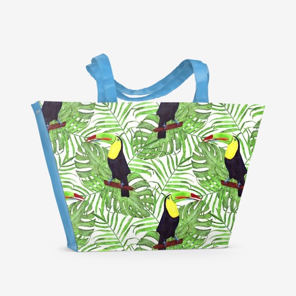 Пляжная сумка «акварельный тропический паттерн с туканом и листьми пальмы и монстеры»