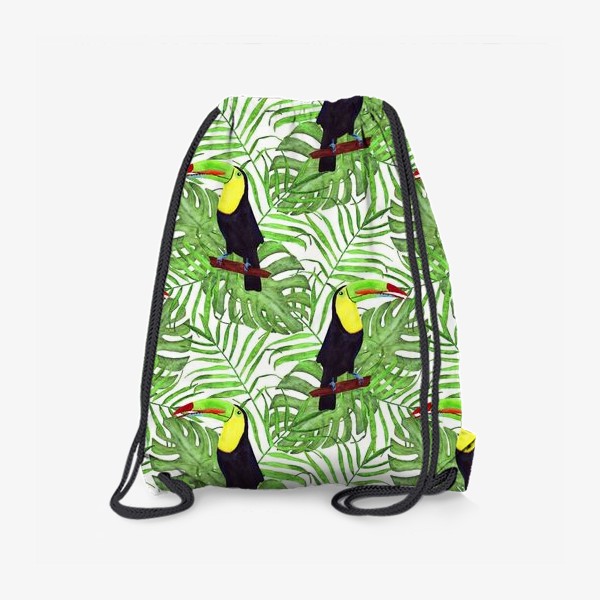 Рюкзак «акварельный тропический паттерн с туканом и листьми пальмы и монстеры»