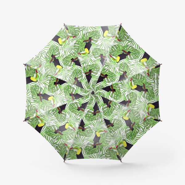 Зонт «акварельный тропический паттерн с туканом и листьми пальмы и монстеры»