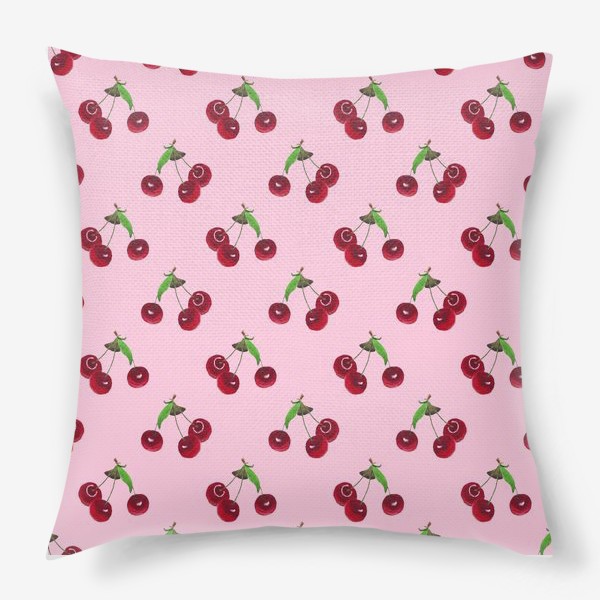 Подушка «вишня на розовом фоне летний яркий сочный паттерн»