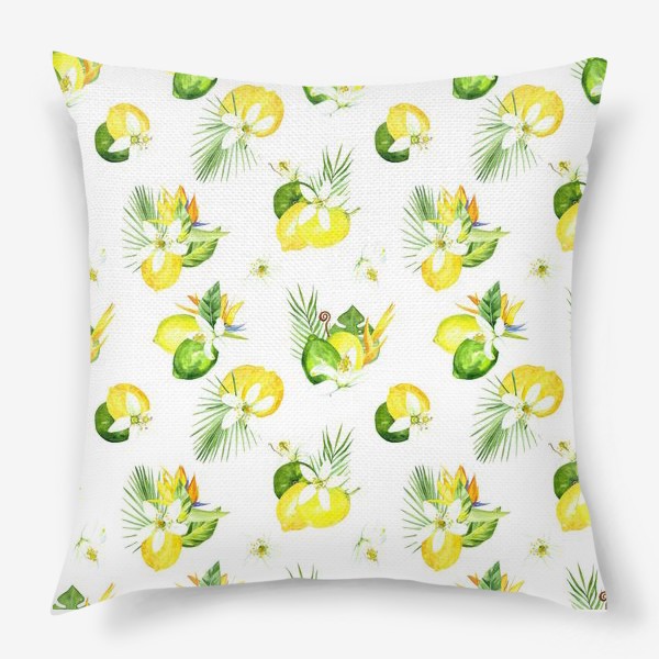 Подушка «Акварельный  паттерн лимон, лайм,тропические листья, италия лето»