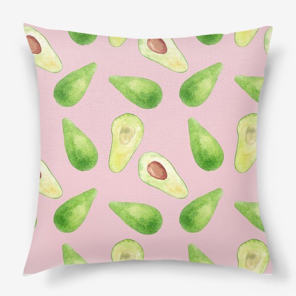 Подушка «Авокадо, летний акварельный фруктовый принт на розовом фоне. Природа, растения.»
