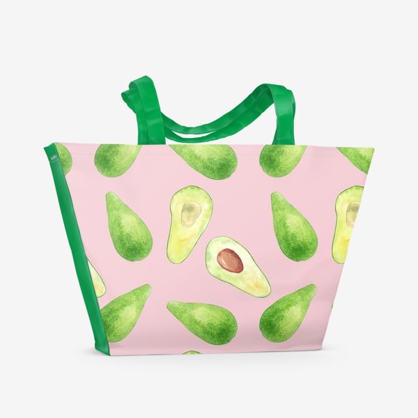 Пляжная сумка «Авокадо, летний акварельный фруктовый принт на розовом фоне. Природа, растения.»