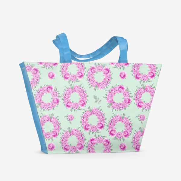 Пляжная сумка &laquo;Розовые розы, летний цветочный акварельный принт на зеленом фоне&raquo;