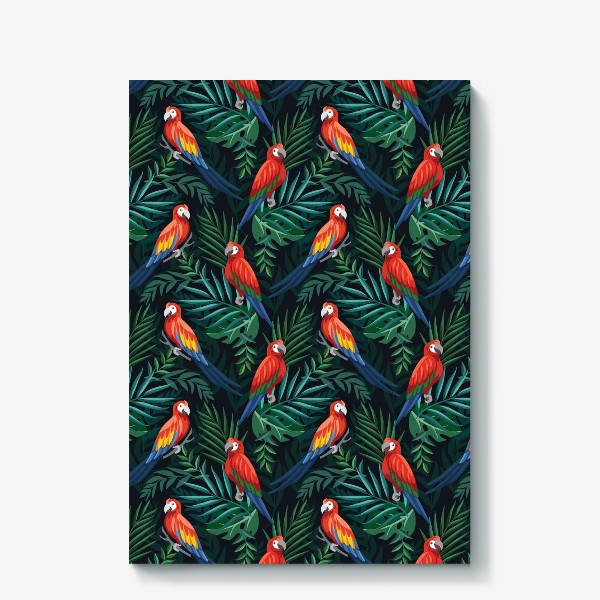 Холст &laquo;Тропический паттен с попугаями и пальмовыми листьями&raquo;