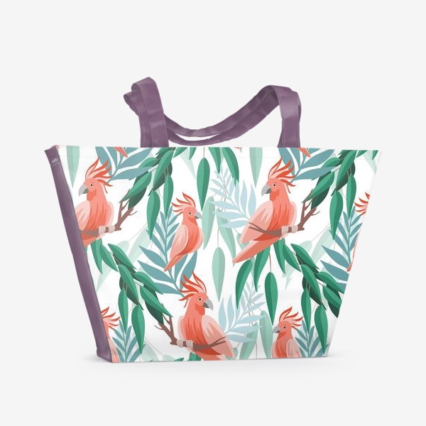 Пляжная сумка «Тропический паттерн с какаду и листьями»