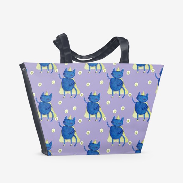 Пляжная сумка &laquo;Символ 2023 - кот. Подарок на Новый год. Кот с волшебной палочкой на фиолетовом фоне&raquo;
