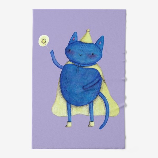 Полотенце «Символ 2023 - кот. Подарок на Новый год. Кот-волшебник на фиолетовом фоне. Подарок любителю котов и волшебства»