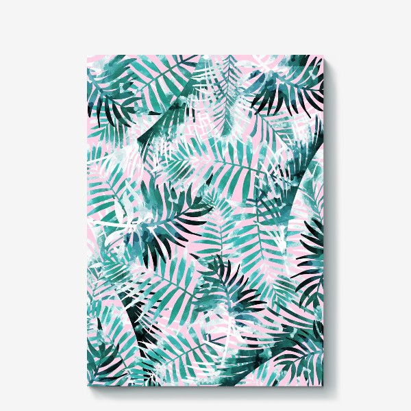Холст «Листья тропической пальмы голубые на розовом фоне»