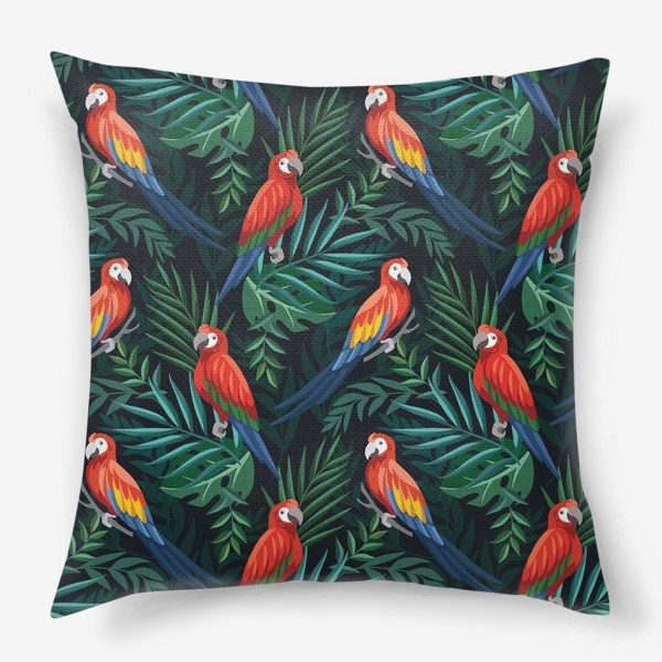 Подушка &laquo;Тропический паттен с попугаями и пальмовыми листьями&raquo;