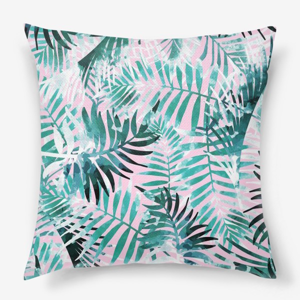 Подушка «Листья тропической пальмы голубые на розовом фоне»