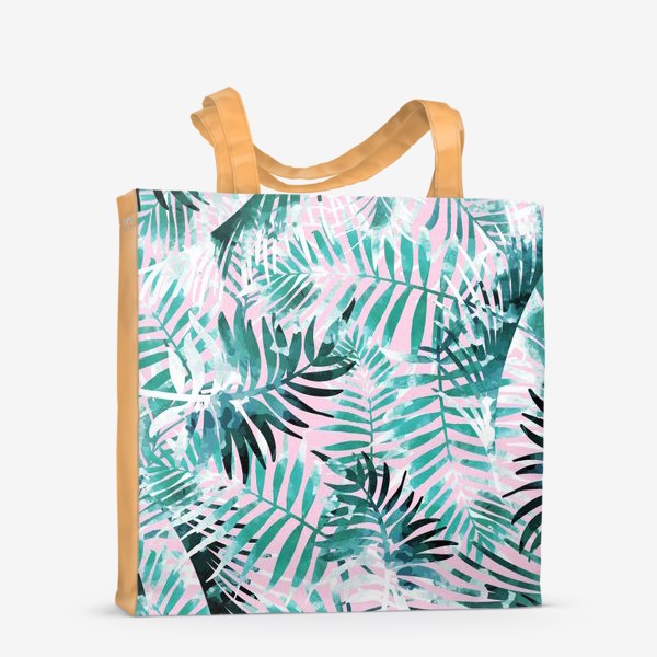 Сумка-шоппер «Листья тропической пальмы голубые на розовом фоне»