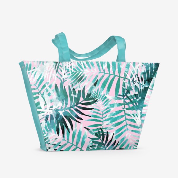 Пляжная сумка &laquo;Листья тропической пальмы голубые на розовом фоне&raquo;