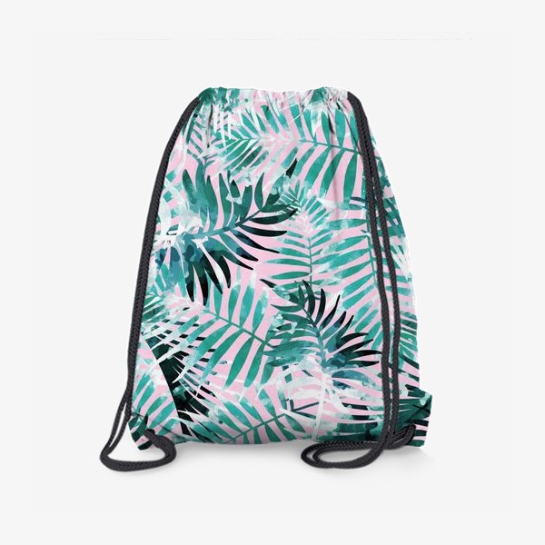 Рюкзак «Листья тропической пальмы голубые на розовом фоне»